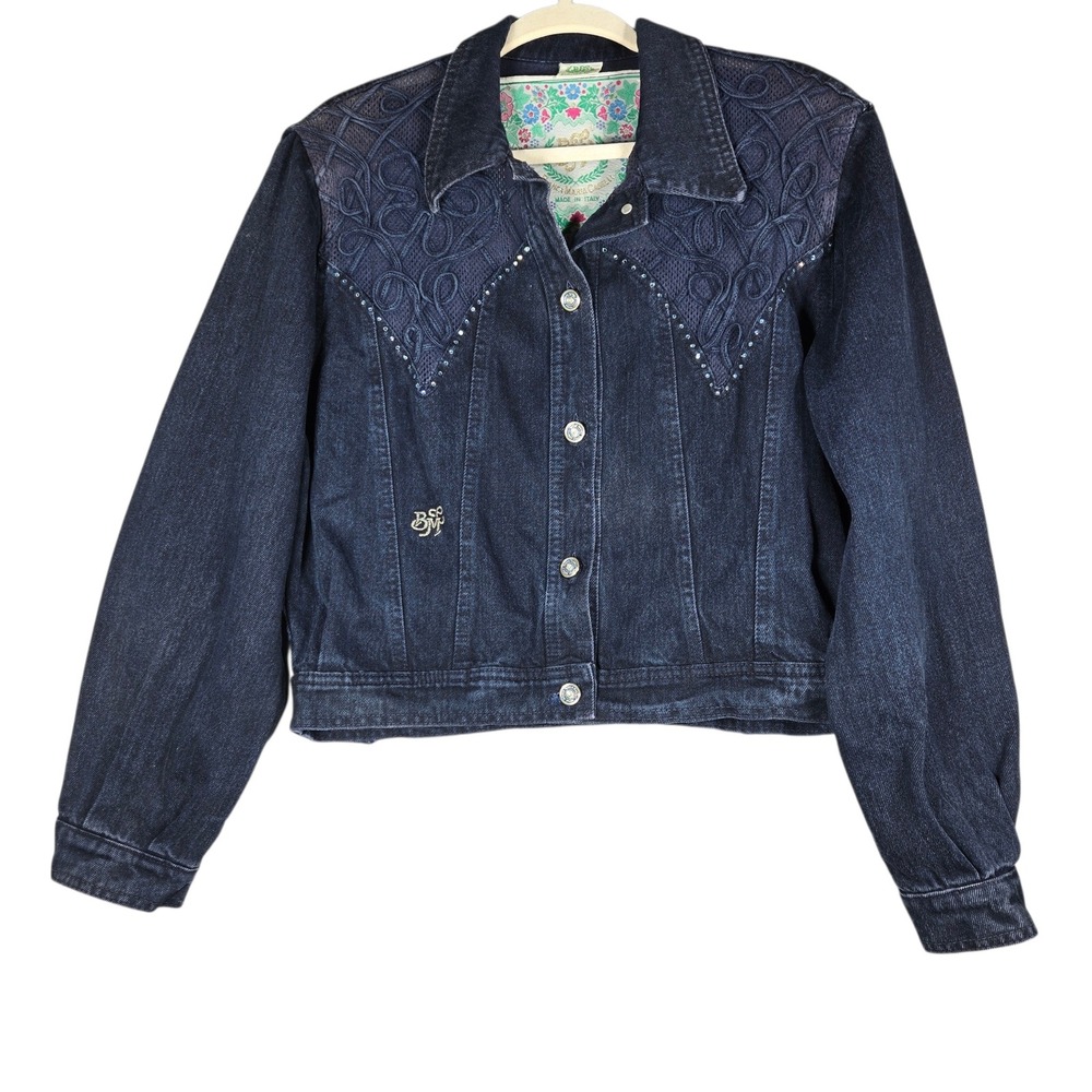 Vintage Bianca Maria Caselli Denim Jacket Womens L Blue Rhinestone Western Italy